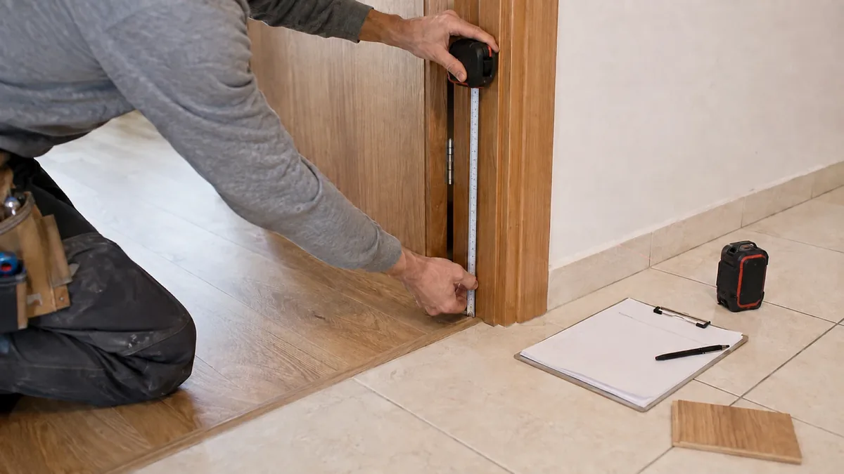Carpintero midiendo el hueco de una puerta en una vivienda antes de dar el presupuesto