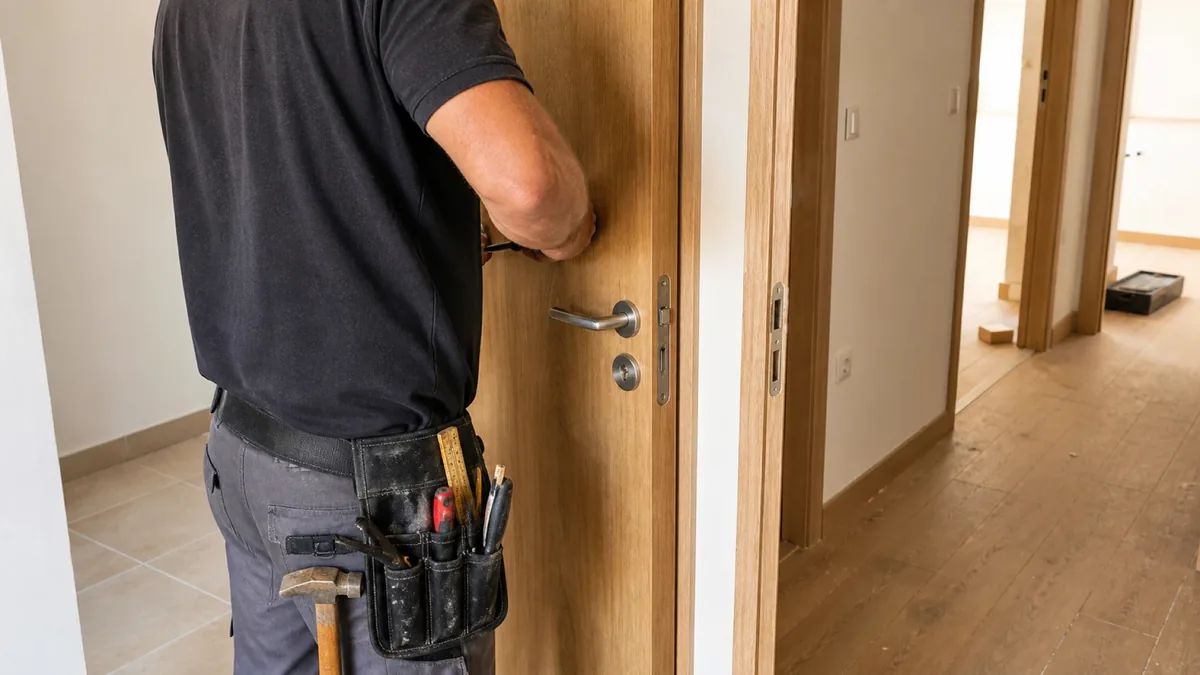 Puerta de habitación de hotel lacada en blanco junto a un armario empotrado
