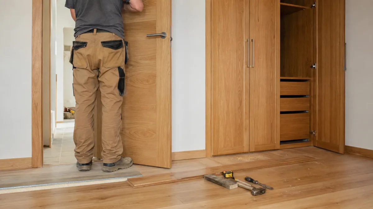 Puerta de interior de madera maciza instalada en el pasillo de una vivienda en Cuenca