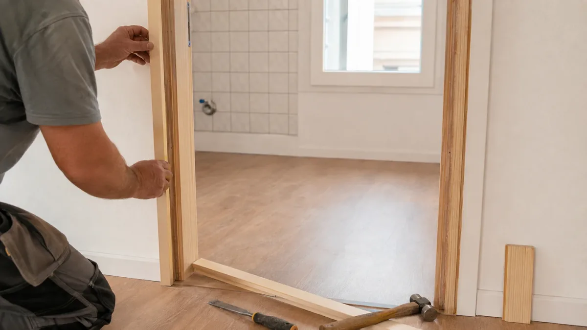 Jambas y tapajuntas de madera recién instalados alrededor de una puerta