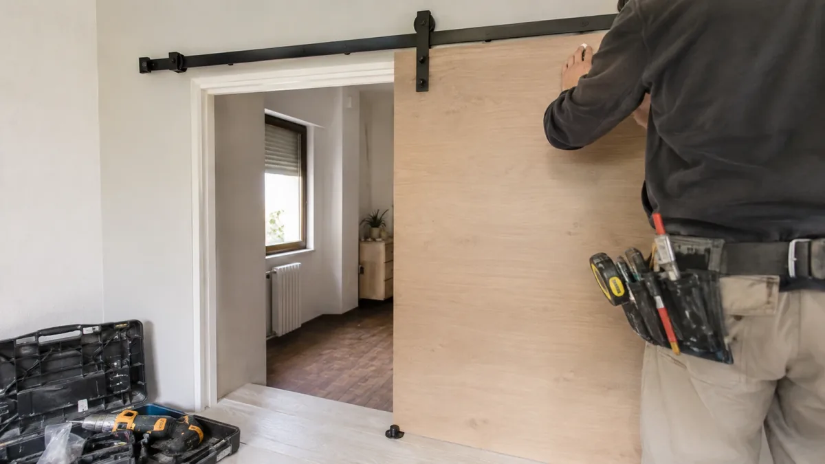 Puerta corredera de madera vista deslizando sobre una guía en un pasillo