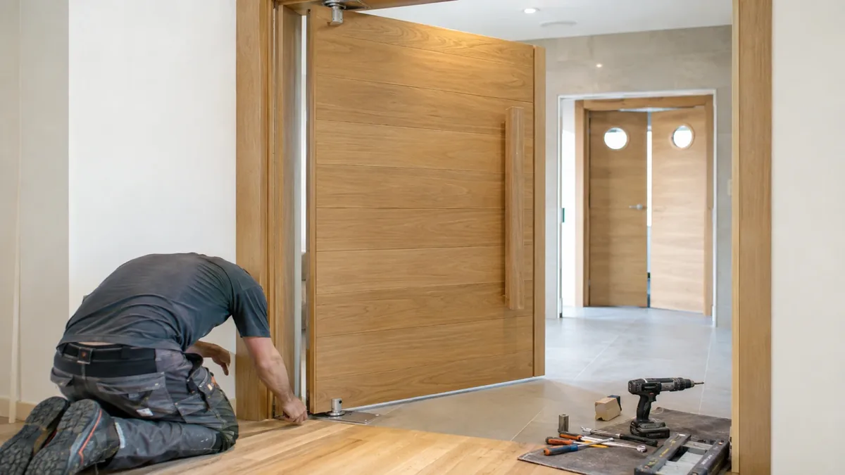 Puerta pivotante de madera girando sobre su eje en el suelo de una cocina