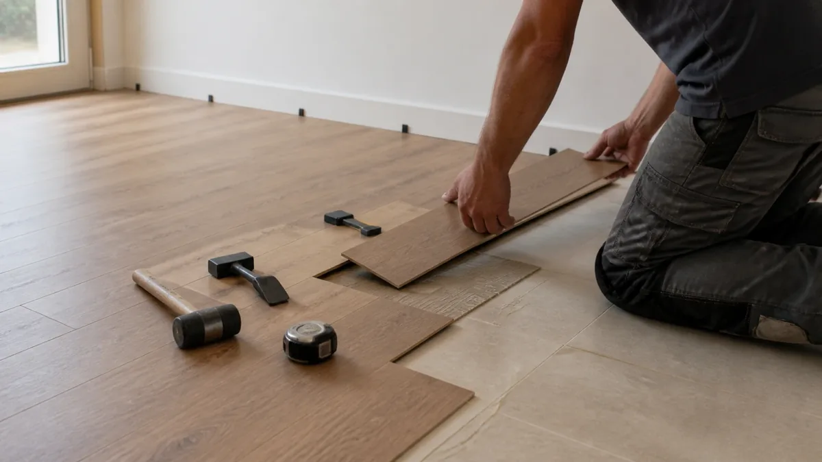 Suelo vinílico SPC imitación madera instalado en una cocina
