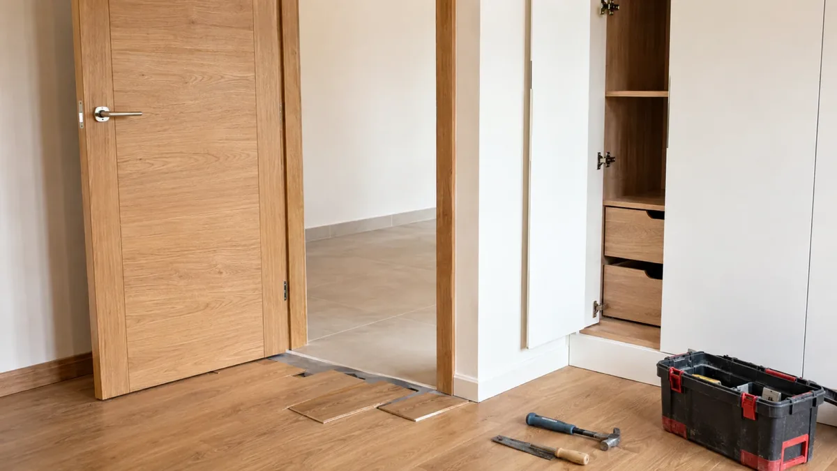 Puerta de madera maciza instalada en un piso del casco histórico de Alcalá de Henares