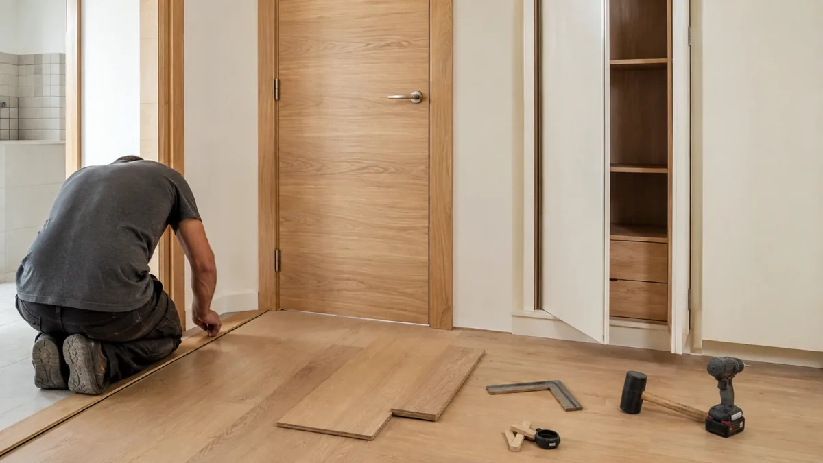 Puerta de interior instalada en una casa baja de un barrio jardín en Alcorcón
