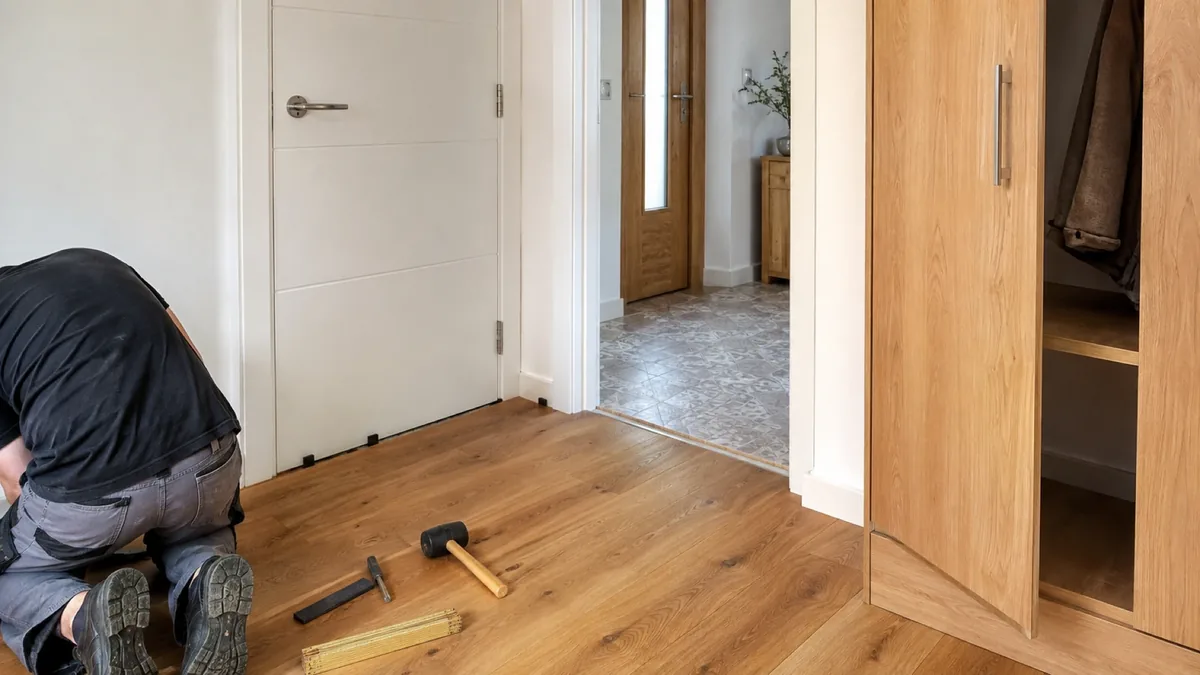 Puerta de interior lacada en blanco instalada en un piso de obra nueva en Arganda del Rey