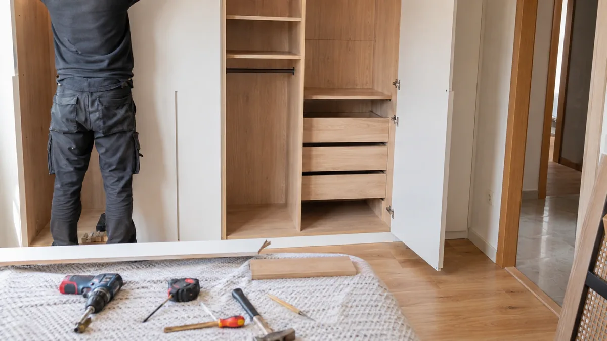Armario empotrado a medida con puertas lisas en un dormitorio de un piso de Madrid