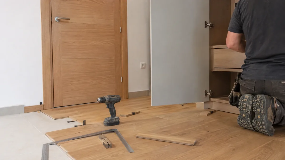 Puerta de madera maciza de gran formato en el recibidor de un chalet en Pozuelo de Alarcón
