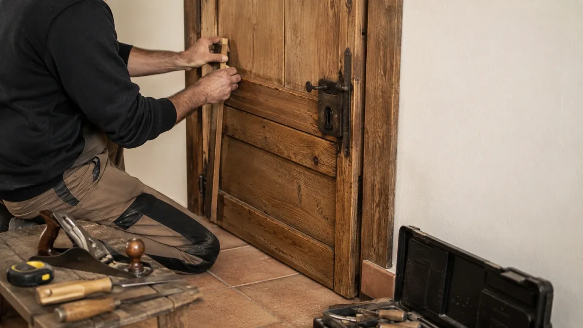 Puerta de madera fabricada a medida para un hueco alto de una finca antigua