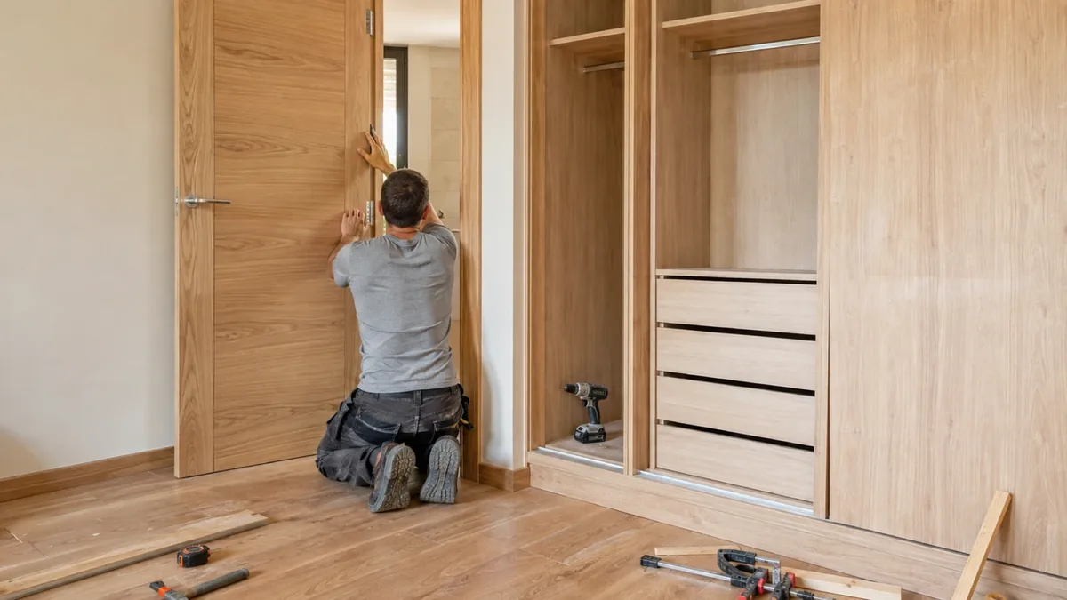 Carpintero instalando una puerta de interior en una vivienda de Valencia